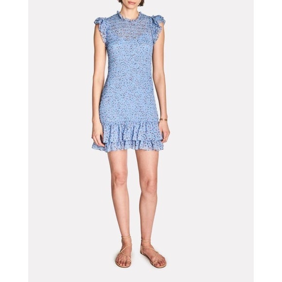 VERONICA BEARD Cici Smocked Floral Mini Blue Dress Size 12 Bloomcore Feminine - Picture 1 of 9